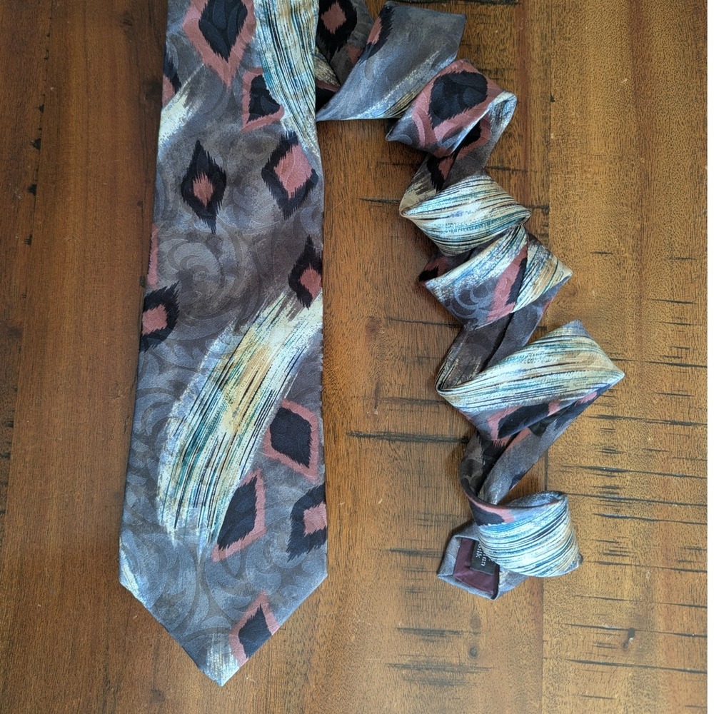 Vtg 90s Zylos George Machado Mens Silk Tie Grey Mauve Abstract‎ Geometric Italy